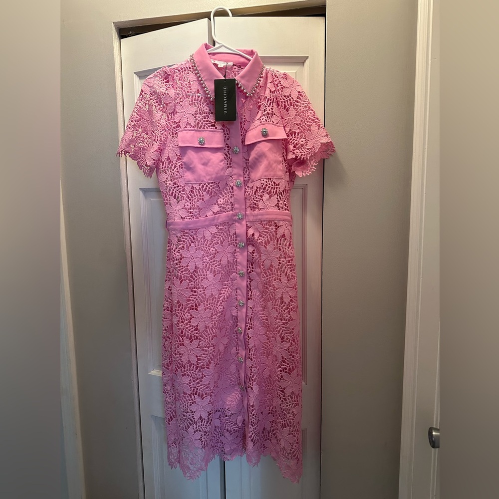 Pink Lace Midi Shirt Dress - Short Sleeve